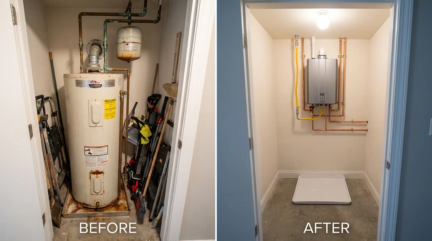 Tank water heater versus wall-mounted tankless unit comparison for La Crosse, KS homeowners