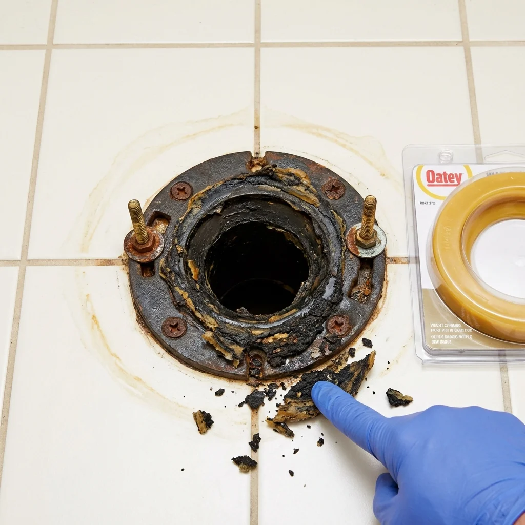 Failed wax ring showing water seepage at the base of a toilet in a La Crosse, KS home