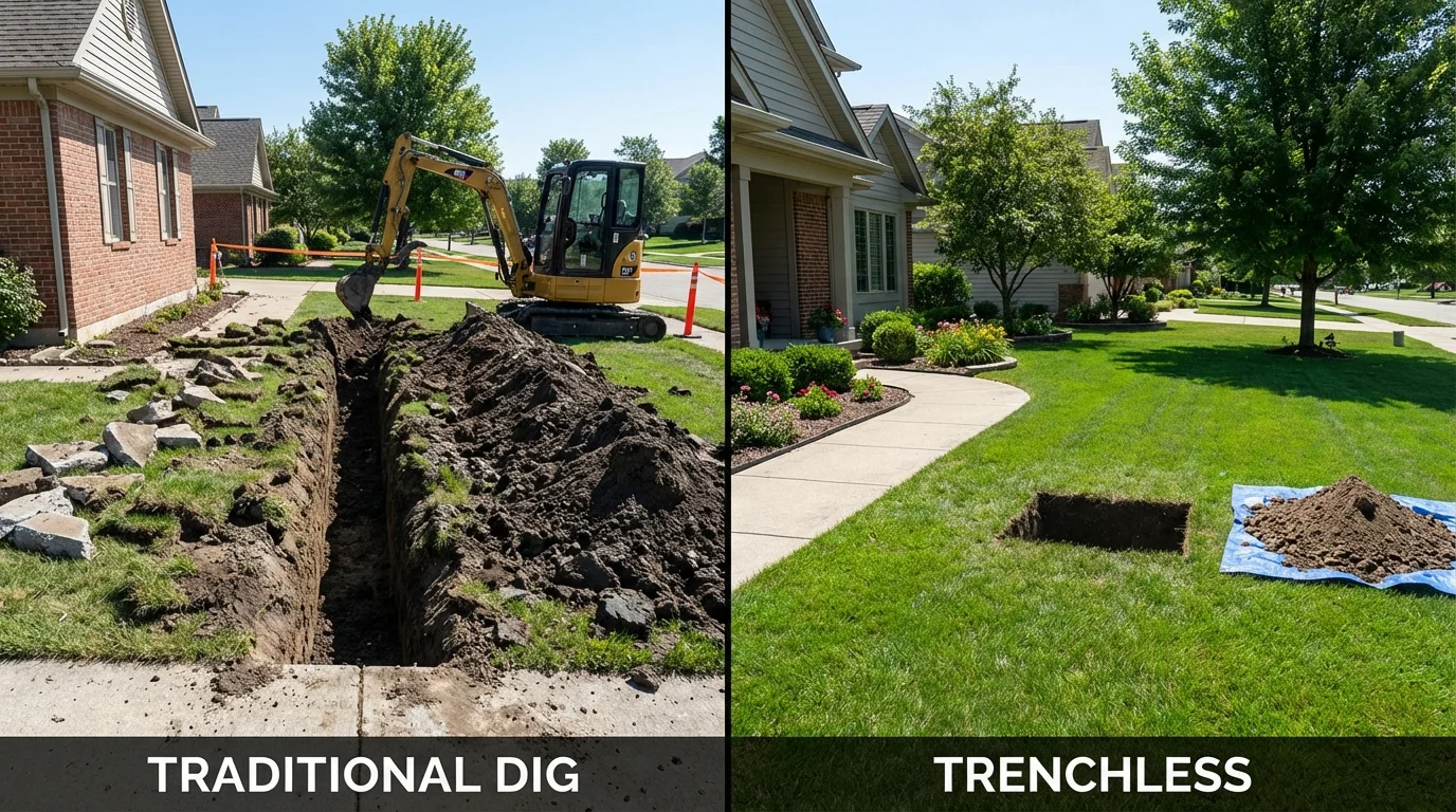 Trenchless sewer repair with minimal yard damage versus traditional excavation in La Crosse, KS