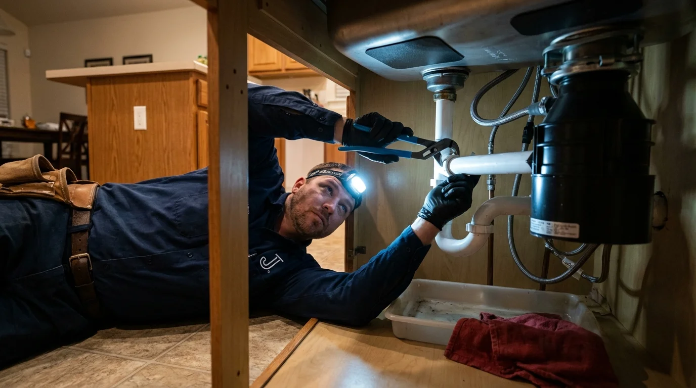 P-trap and supply line connections under a kitchen sink showing a common leak point in La Crosse, KS